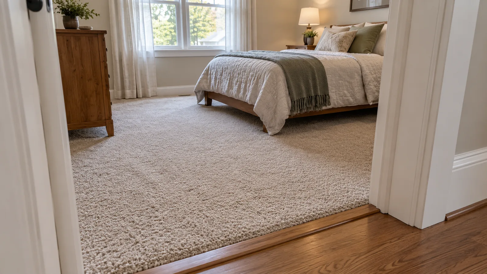 Neutral textured bedroom carpet beside a neat wood threshold
