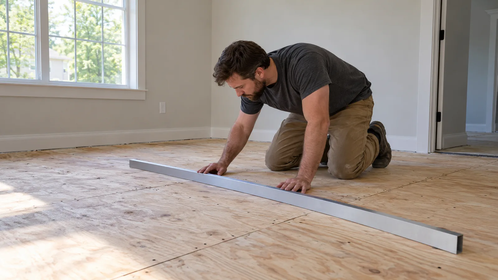 A flooring professional inspecting exposed plywood with a straightedge