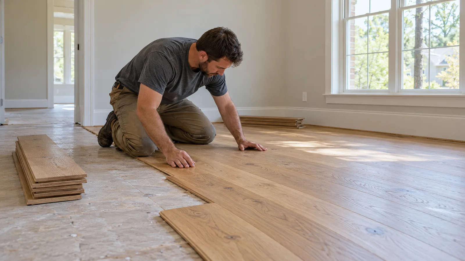 Wood flooring materials laid out for a residential installation